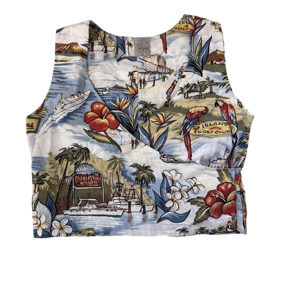 Ohana Classics Tropical Hawaiian Scenic Wrap Tank‎ Top Cropped Resortwear Med